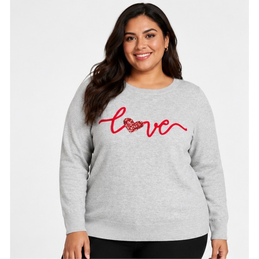 Time and Tru Womens Sweater Sz XL Light Grey Heather Lightweight Valentines Day